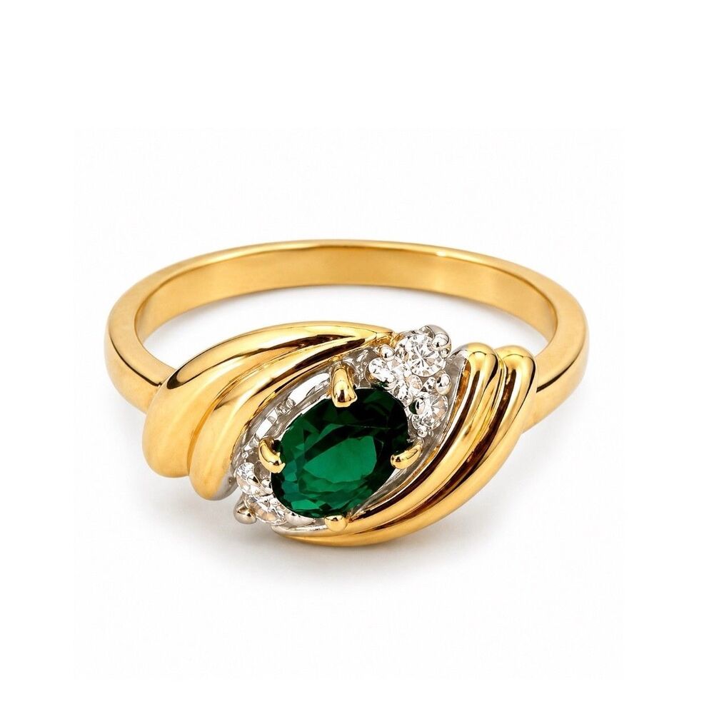 Vintage 1970s Ring Size 5 Green Austrian Crystal CZ Bypass Gold Plated - 14T